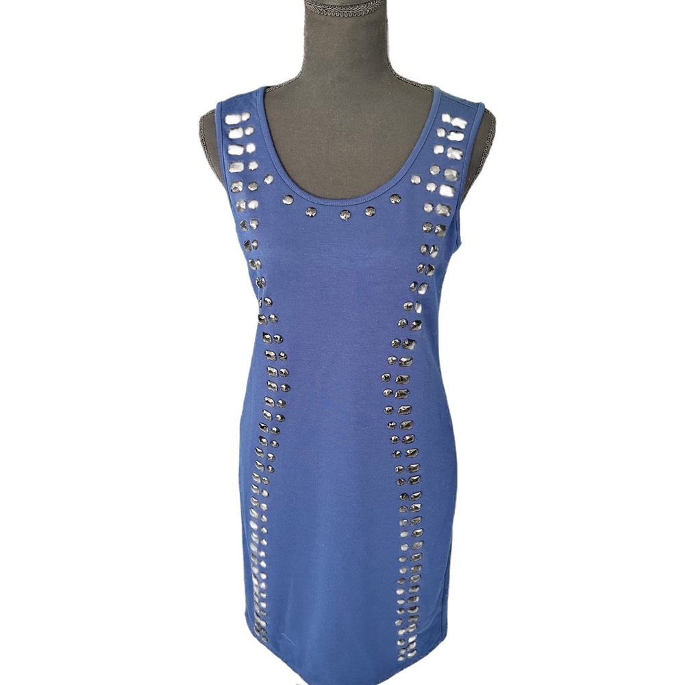 Carmen Marc Valvo Navy Blue Jewel Framed Solid Sleeveless Pencil Dress small